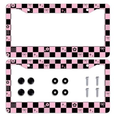 Imagem de 2 peças moldura de placa de licença preta e rosa arco de verificação urso desenho animado moldura de placa de licença personaliza molduras de placa de carro de aço inoxidável metal placa de carro
