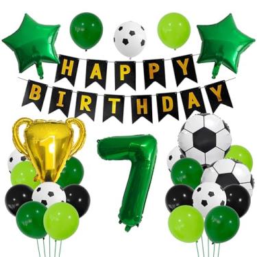 Imagem de 26 balões de futebol verde, balões metálicos de 7 anos. Decoração de futebol de 7º aniversário, 7 troféus de futebol, 7 balões, ouro preto, tema esportivo, decoração de festa para crianças, meninos