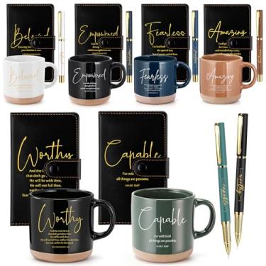 Imagem de Potchen Conjunto de 18 peças de presente cristão de Natal 368 g com versículo bíblico canecas de café de cerâmica com diário de oração de couro e caneta presentes religiosos inspiradores para mulheres
