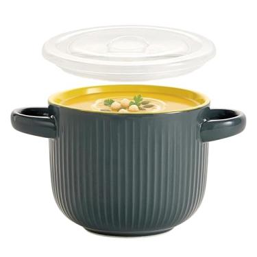 Imagem de Hoilse Tigela de sopa com alças e tampa, potes de sopa seguros para forno, pote de cebola francesa de cerâmica de 680 g para sopa, cereal, macarrão, ramen e pimenta, seguro para micro-ondas e