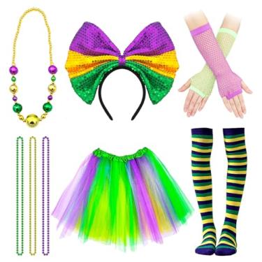 Imagem de Ahzemepinyo Conjunto de 8 peças de acessórios para fantasia de carnaval inclui saia tutu, laço de cabeça, máscara, contas de carnaval, colares, luvas e meias listradas na altura do joelho para