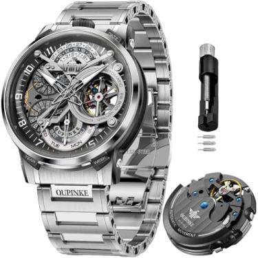Imagem de OLEVS Relógios masculinos esqueleto automático mecânico automático relógio de luxo relógio masculino de aço inoxidável à prova d'água luminoso Wirstwatch presente para homens, Preto prateado 3278