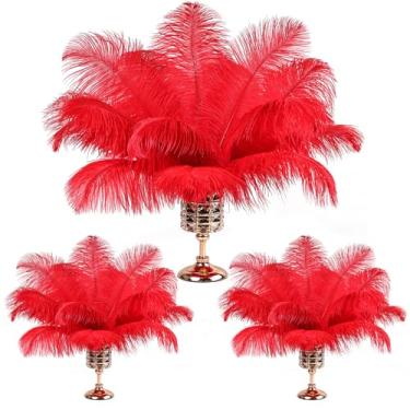 Imagem de THARAHT Penas de avestruz 90 peças de grande volume natural para vaso artesanato festa de casamento centros de mesa decoração de árvore de Natal penas, vermelho