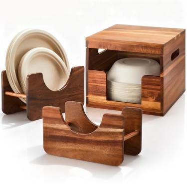 Imagem de LemonRoad 3 peças de bandeja de papel de madeira de acácia e organizador de armário com pés antiderrapantes para pratos de 19 a 25 cm e tigelas de 227 a 946 ml para armazenamento descartável para