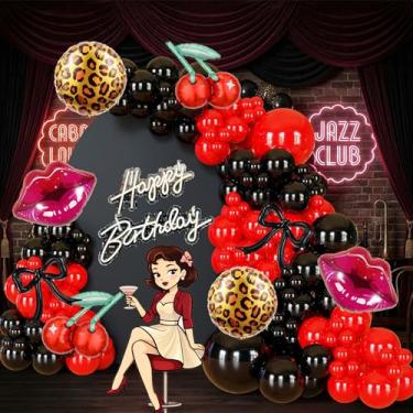 Imagem de BlissBash Kit de guirlanda de arco de balão de cereja com 124 peças com balões de arco de lábios vermelhos pretos para decorações de festa de aniversário com estampa de leopardo, festa de despedida de