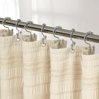 Imagem de Siiluminisoy Cortina de chuveiro extra longa bege boêmio 72 x 84 algodão mistura de tecido tufado waffle texturizado gasto chique rústico minimalista listrado para banheiro, hotel