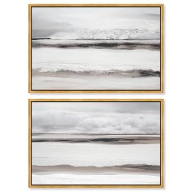 Imagem de Conjunto de 2 arte de parede de sala de estar com impressão em tela de luxo neutro por Art Remedy, moldura dourada, 76 x 50 cm