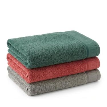 Imagem de Kit 3 Toalha de Banhão Eleganz 100% Algodão 500g/m² Super Macia, Alta Absorção, Tamanho Grande 72x150cm (Verde - Terracota - Cinza)