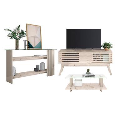 Imagem de Rack Bancada Com Aparador E Mesa De Centro Frizz 1.5 Calacata Off White - Madetec