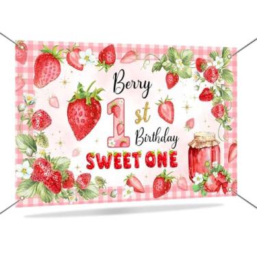 Imagem de Mocsicka Banner de primeiro aniversário Berry Decorações de pano de fundo Red Berry Baby Girl Decorações de 1º aniversário para meninas, decoração de bolo de morango, adereços para cabine de fotos 180