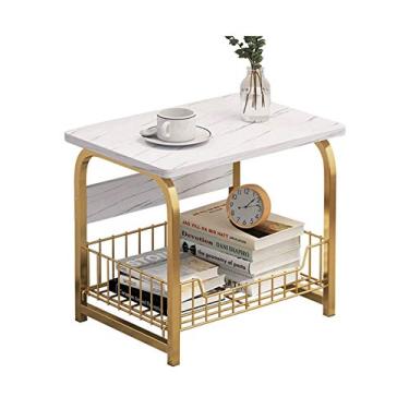 Imagem de Mesa de centro com textura de mármore de madeira, armário de sofá, mesa de cabeceira com bandeja de armazenamento para quarto e sala de estar (tamanho: 2 camadas) ()
