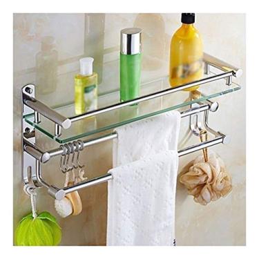 Imagem de Prateleira de vidro para banheiro com toalheiro e ganchos de vidro temperado quadrado montado na parede 21 polegadas acabamento de polimento de aço inoxidável 0131 (tamanho: 41 cm) (41 cm)
