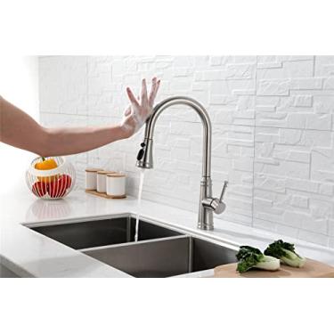 Imagem de Torneira de cozinha sensível ao toque com pulverizador de puxar para baixo, torneira moderna de arco alto de uma alça com limpeza elétrica, fluxo/spray/pausa, inoxidável resistente a manchas para
