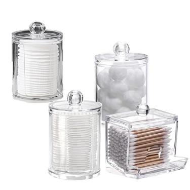 Imagem de Qtips Suporte para banheiro, dispensador grande de 293 ml, suporte de bola de algodão, organizador de boticário de plástico transparente para armazenamento de cotonete, almofadas redondas, palhetas de