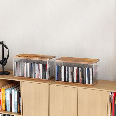 Imagem de ihomecooker 2 unidades de suporte de CD de acrílico empilhável de madeira, organizador de mesa, comporta até 60 caixas de joias de CD, suporte de armazenamento de mídia para coleções de filmes e