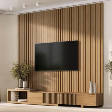 Imagem de Rack Extensível Ripado C/ Painel Ripado P/ Tv 86 Polegadas 240x250 Aruá Cabecasa Madeiraoriginals Jatoba