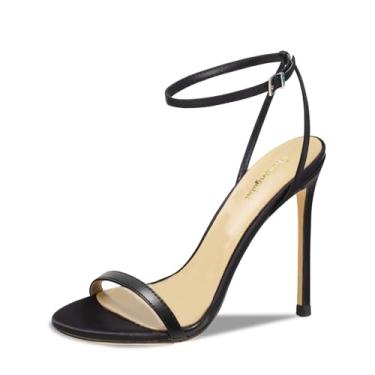 Imagem de Qunvngutui Sandálias femininas de salto alto de 9 cm, bico aberto, tiras com detalhe de flor de renda - Sapatos sociais de verão com salto agulha para casamento/festa, Poliuretano preto, 38