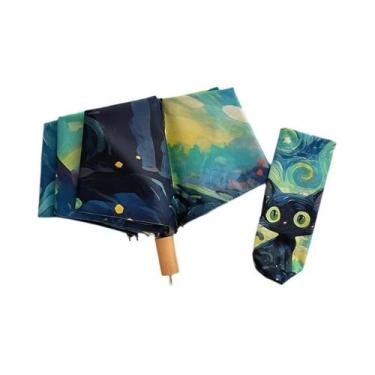 Imagem de Guarda-chuva Dobrável Feminino Azul Verde Roxo Com Estampa De Gato Car