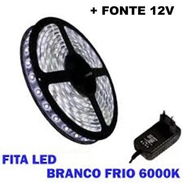 Imagem de Kit Fita Led Branco Frio 6000K 5 Metros + Fonte Energia 12V