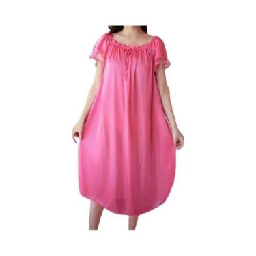 Imagem de Camisola plus Size De Seda Gelada Com Renda E Decote Em V, Longa, Para