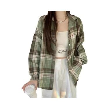 Imagem de Camisa Jaqueta Xadrez Tartan Oversized Feminina Manga Longa Com Botões