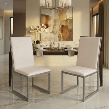 Imagem de Cadeira de Jantar Kit 2 Elisa Base de Ferro Fendi com Estofado Linho -