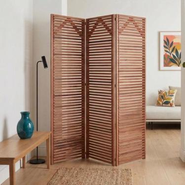Imagem de Biombo 3 Folhas Divisória Madeira Maciça Ripado p/ Área Interna Extern