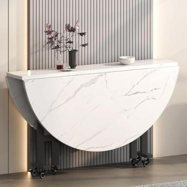 Imagem de Mesa de cozinha dobrável de folhas redondas sobre rodas - Mesa de jantar dobrável versátil - Mesa de jantar com extensão para economia de espaço, Bianco, 100 cm/39,3 pol