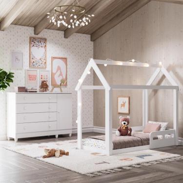Imagem de Quarto Infantil Montessoriano Cama Casinha Analu Cômoda Taís Franldário 100% MDF Branco Carolina Baby