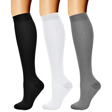 Imagem de Meias de compressão Charmking para mulheres e homens (3 pares) 15-20 mmHg é melhor para esportes, corrida, viagens de voo, ciclismo, A-03 Black/White/Gray, Small-Medium