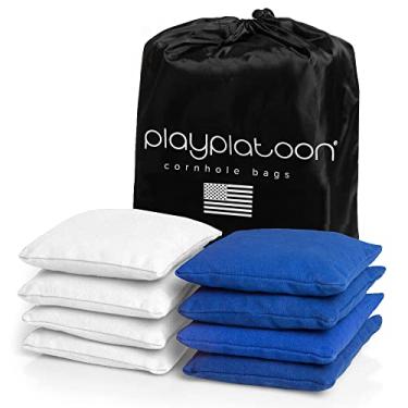 Imagem de Play Platoon Sacos de milho resistentes ao clima - Conjunto de 8 furos de milho reguláveis - Azul royal e branco - Buraco de milho de pano de pato durável para jogo de arremesso, inclui sacola