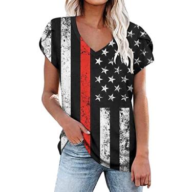 Imagem de Camisetas femininas 4th of July Flag Stars Stripes Graphic Blouse Patriotic Short Sleeve Loose V Neck Tops, Vermelho, G