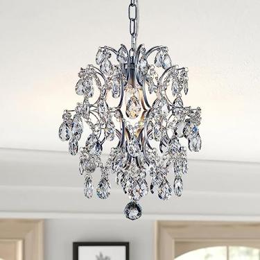 Imagem de Bestier Lustre pendente moderno de prata com gota de chuva de cristal luminária de teto luminária para sala de jantar banheiro quarto sala de estar 1 lâmpadas E27 necessárias D32cm x H40cm