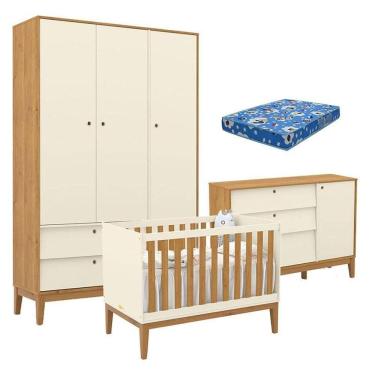 Imagem de Quarto de Bebe Unique 3 Portas com Cômoda Sapateira Off White Freijó Eco Wood e Colchão Ortobom - Matic