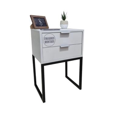 Imagem de Mesa De Cabeceira Eco Industrial 40cm com 2 Gavetas e Base De Metal Para Quarto Lateral Da Cama Escritório Enviada Montada (Base Preta / Prata, Off-White)