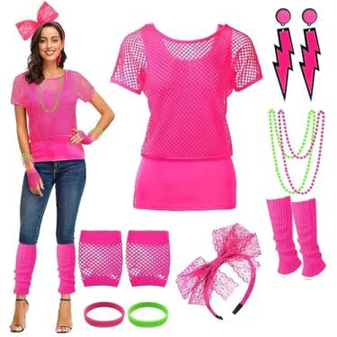 Imagem de Xintorch Conjunto de acessórios para fantasia feminina dos anos 80, camiseta arrastão neon com ombro de fora, duas peças, tiara de renda, brincos de neon, luvas arrastão, polainas para festa dos anos