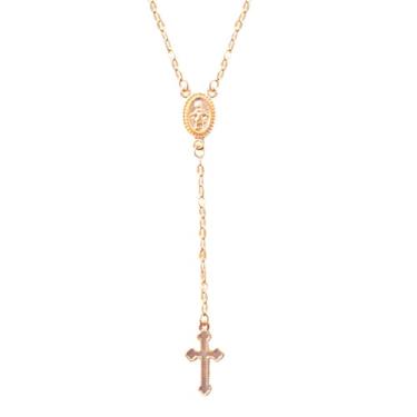 Imagem de swglcowo Colar com cruz de Virgem Maria, banhado a ouro, delicada, cruz, Santa Cruz, Fé, Terço religioso, corrente longa, colar com pingente de lariat para mulheres e homens, proteção cristã, joias de