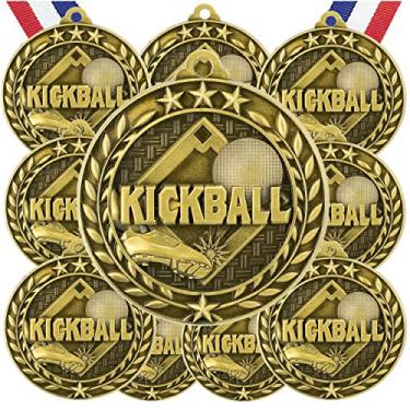 Imagem de Pacote com 10 medalhas de ouro de kickball com fitas de pescoço WAMG-965