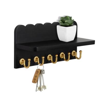 Imagem de Karisky Suporte de chave para parede, prateleira de entrada de parede de madeira de 25 cm com 5 ganchos de metal para óculos de sol, coleira de cachorro, bolsas, casacos, guarda-chuva, preto