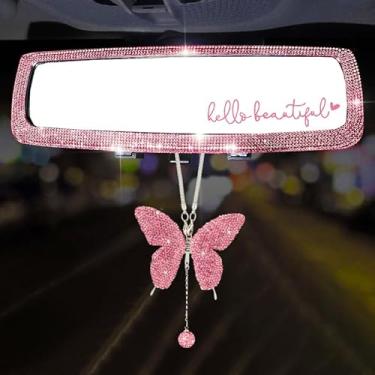 Imagem de Forala 3 pacotes de espelhos retrovisores de carro brilhantes com borboleta de cristal acessórios para mulheres interior universal clipe grande angular espelho retrovisor (rosa)