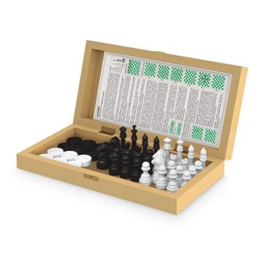 Imagem de Jogo xadrez e damas escolar caixa de madeira com fecho - JUNGES