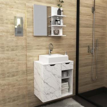Imagem de Kit Lavabo com Gabinete Suspenso, Cuba e Espelho Mármore Branco Tecno Mobili
