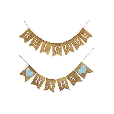 Imagem de Shimmer Anna Shine Faixa de serapilheira Welcome Baby para decorações de chá de bebê e festa de revelação de gênero (corações azuis claros)