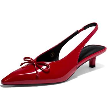 Imagem de Coutgo Sapato social feminino Slingback Kitten de salto baixo fechado bico fino gravata borboleta sem cadarço para trabalho de escritório, Vermelho, 36