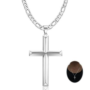 Imagem de Rasetil Colar de cruz de prata esterlina 925 para homens e mulheres com corrente fígaro forte durável de aço inoxidável de 4,5 mm banhado a ouro branco 18 K colar com pingente de crucifixo joias 40-71 cm, 71 cm=28 in, Prata esterlina, Sem Pedra Preciosa