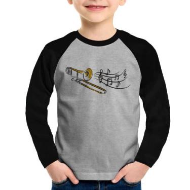Imagem de Camiseta Raglan Infantil Trombone Notas Musicais Manga Longa - Foca na