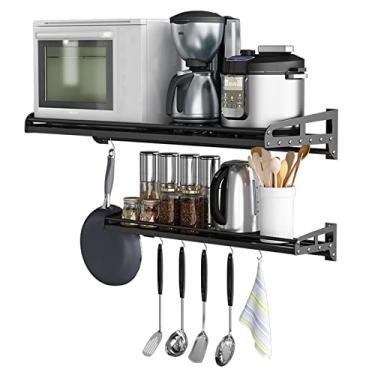 Imagem de Rack de armazenamento de micro-ondas de aço inoxidável, suporte de cozinha montado na parede, 6 panelas penduradas, organizador de armazenamento com 5 ganchos, preto, aço inoxidável 304, 50 cm x 30