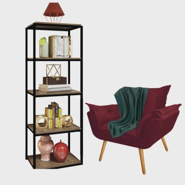 Imagem de Kit Poltrona Fatte com Manta Soft Verde e Estante Livreiro Ferro Preto mdf Rústico Sued...