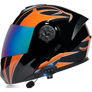 Imagem de Capacete Bluetooth modular para motocicleta, DOT aprovado Bluetooth + FM Capacete frontal virado para cima para adultos Homens Mulheres Ciclomotor de corrida de rua com microfone para capace