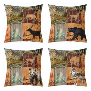 Imagem de Feelyou Capas de almofada vintage urso 45,72 cm x 45,72 cm conjunto de 4 fronhas macias para crianças cabana veado caça decoração para meninos meninas adolescentes fazenda lobo rústico alojamento